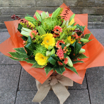 Horizon Sky - Looking for something a little different to send? Why not send an Autumnal themed delivery of beautiful flowers. This wonderfully wrapped hand-tied will be delivered filled with a fabulous selection of freshly picked blooms in the signature colours of the season.